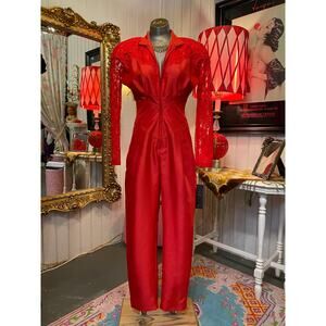 vintage 1980s red silk fitted jumpsuit lace sleeves statement suit s/m zip up